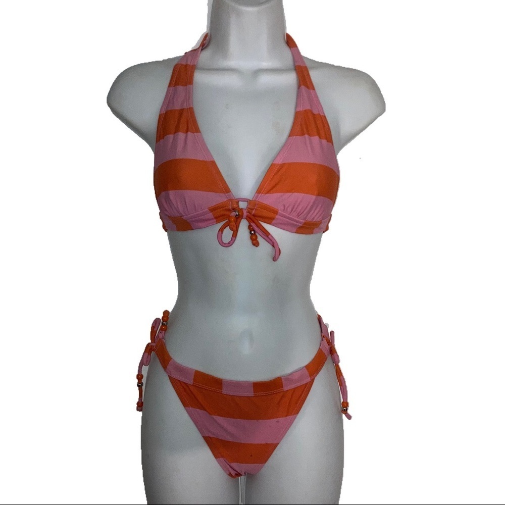 Decree 2 pc Halter Tie Side Beaded Bikini Bra Bottom M Orange Pink Stripe *